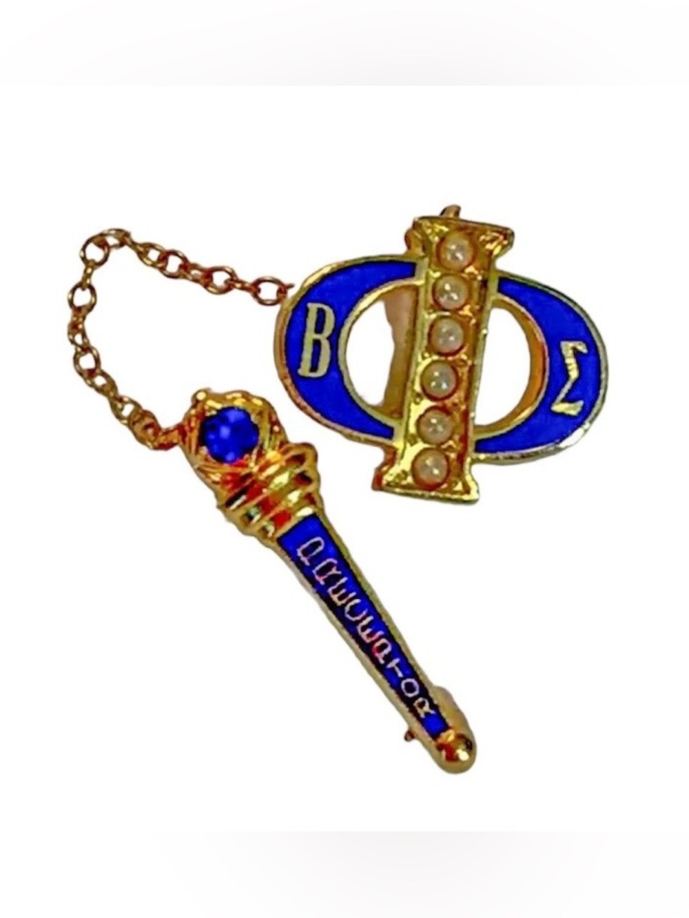 Gold Beta Sigma Phi Pearl Sapphire Torch Preceptor Sorority Pin
